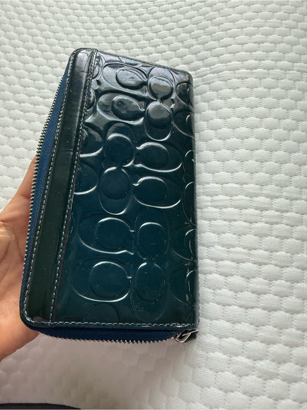 Coach Glossy Navy Patent Signature Continental Zip Wallet